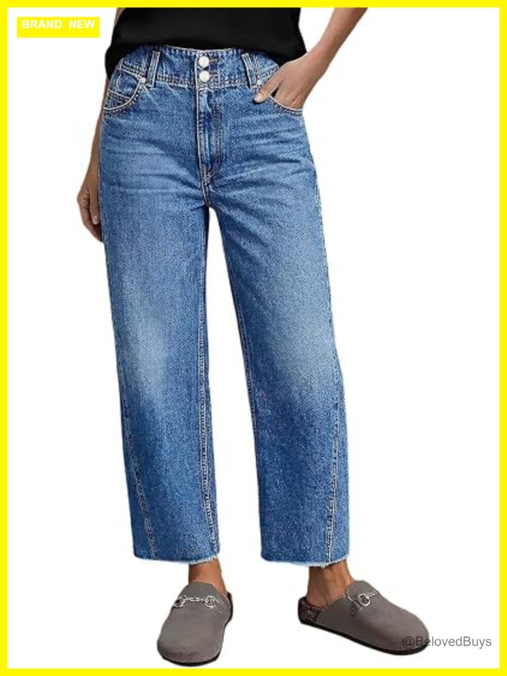 High Rise Straight Leg Jeans with Raw Hem and Dual Button